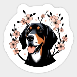 Black and Tan Coonhound Enjoys Spring Cherry Blossoms Sticker
